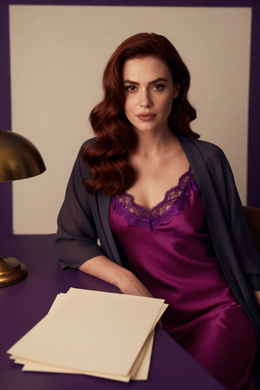Photorealistic boudoir portrait of a fictional adult woman, 29 years old, deep auburn hair in long