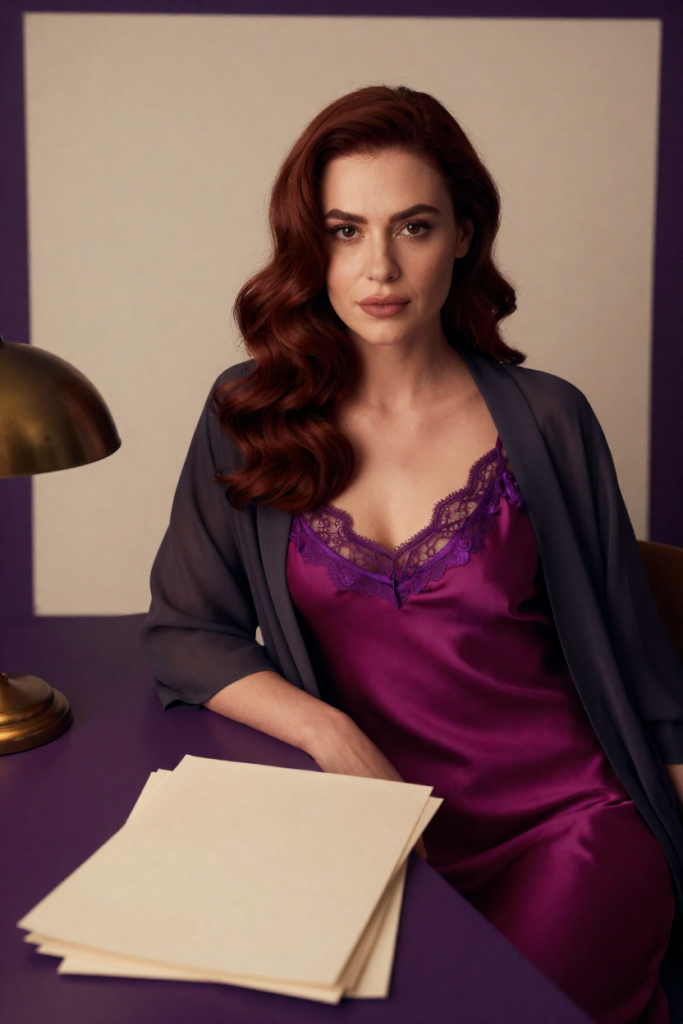 ChuhaiNews gazette desk portrait - fictional 29-year-old muse in magenta silk slip dress and violet lace beside blank cream paper sheets and a brass lamp